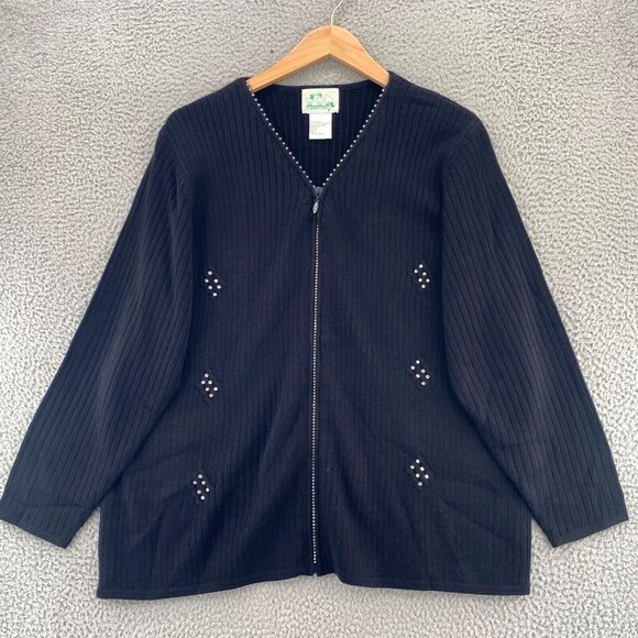 The Quacker Factory Sweater Womens 1X Plus Black Full Zip Rhinestone Cardigan - Picture 1 of 9